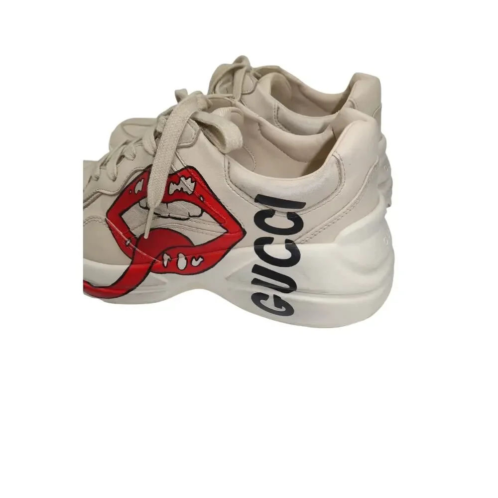 Gucci Rhyton Ivory Leather Mouth Print Lace-Up Sneakers Men's Size 5.5 US 6.5